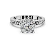 Solitaire Engagement Ring Setting for Cushion Cut Center with XO Engraved Band and Prong Head in Platinum