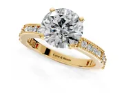 Solitaire Engagement Ring Setting for Round Cut Center with Milgrain-Edged Pave Band and Prong Head in Yellow Gold