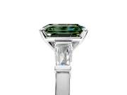 3 Stone Engagement Ring Setting for Fancy Green Emerald Cut Center with Channel Baguette Accents and Prong Head in Sterling Silver