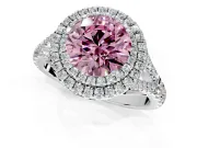 Double Halo Engagement Ring Setting for Fancy Pink Round Cut Center with Narrow Pave Split Shank and Prong Head in Sterling Silver