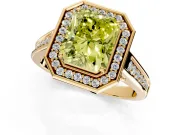 Halo Engagement Ring Setting for Fancy Yellow Emerald Cut Center with Outer Bezel Rim, Pave Band and Prong Head in Yellow Gold