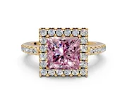 Pave Halo Engagement Ring Setting for Fancy Pink Princess Cut Center with Single Row Pave Band and Prong Head in Yellow Gold