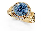 Halo Engagement Ring Setting for Fancy Blue Round Cut Center with Open Scroll Shoulders and Prong Head in Yellow Gold