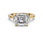 3 Stone Engagement Ring Setting for Asscher Cut Center with Wide Plain Band and Prong Head in Yellow Gold