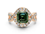 Halo Engagement Ring Setting for Fancy Green Asscher Cut Center with Pave Infinity Twist Band and Prong Head in Rose Gold