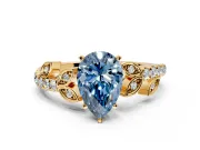 Leaf Motif Engagement Ring Setting for Fancy Blue Pear-Shaped Center with Pave Band and Prong Head in Yellow Gold