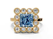 Cluster Halo Engagement Ring Setting for Fancy Blue Princess Cut Center with Milgrain Bezel Accents and Prong Head in Yellow Gold