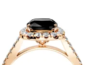 Halo Engagement Ring Setting for Fancy Black Cushion Cut Center with Narrowing Pave Band and Prong Head in Rose Gold