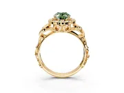 Halo Engagement Ring Setting for Fancy Green Oval Center with Open Scroll Shoulders and Prong Head in Yellow Gold