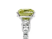 3 Stone Engagement Ring Setting for Fancy Yellow Asscher Cut Center with Round Cut Side Accents and Prong Head in Platinum