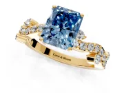Solitaire Engagement Ring Setting for Fancy Blue Radiant Cut Center with Bar-Station Pave Twist and Prong Head in Yellow Gold