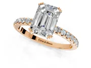 Solitaire Engagement Ring Setting for Emerald Cut Center with Pave Band and Claw Prong Head in Rose Gold