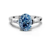 3 Stone Engagement Ring Setting for Fancy Blue Oval Center with Baguette Accents and Prong Head in Platinum