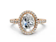 Halo Engagement Ring Setting for Oval Center with Inner Milgrain Border and Prong Head in Rose Gold