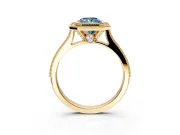 Halo Engagement Ring Setting for Fancy Blue Radiant Cut Center with Milgrain Pave Band and Bezel Head in Yellow Gold