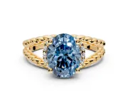 Halo Engagement Ring Setting for Fancy Blue Oval Center with Rope Twist Split Shank and Prong Head in Yellow Gold