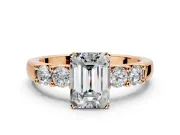 5 Stone Engagement Ring Setting for Emerald Cut Center with Plain Band and Prong Head in Rose Gold
