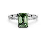 Solitaire Engagement Ring Setting for Fancy Green Emerald Cut Center with Fine Pave Narrow Band and Prong Head in White Gold