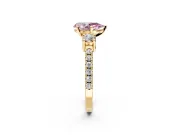 3 Stone Engagement Ring Setting for Fancy Pink Pear-Shaped Center with Round Cut Side Accents and Prong Head in Yellow Gold