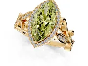 Halo Engagement Ring Setting for Fancy Yellow Marquise Center with Leaf Motif Split Shank and Prong Head in Yellow Gold