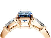 3 Stone Engagement Ring Setting for Fancy Blue Emerald Cut Center with Baguette Accents and Prong Head in Rose Gold
