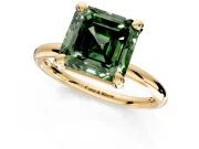 Low-Set Solitaire Engagement Ring Setting for Fancy Green Asscher Cut Center with Thin Plain Band and Prong Head in Yellow Gold