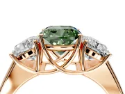 3 Stone Engagement Ring Setting for Fancy Green Cushion Cut Center with Raised Basket Heads and Prong Head in Rose Gold
