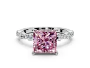 Solitaire Engagement Ring Setting for Fancy Pink Princess Cut Center with Alternating Size Accents and Prong Head in White Gold
