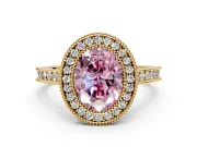 Halo Engagement Ring Setting for Fancy Pink Oval Center with Milgrain Pave Band and Bezel Head in Yellow Gold
