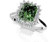 Starburst Halo Engagement Ring Setting for Fancy Green Radiant Cut Center with Thin Round-Wire Band and Prong Head in White Gold