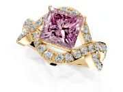 Halo Engagement Ring Setting for Fancy Pink Princess Cut Center with Pave Infinity Twist Band and Prong Head in Yellow Gold