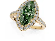 Halo Engagement Ring Setting for Fancy Green Marquise Center with Narrowing Pave Band and Prong Head in Yellow Gold