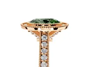 Halo Engagement Ring Setting for Fancy Green Oval Center with Milgrain Pave Band and Bezel Head in Rose Gold