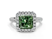 Halo Engagement Ring Setting for Fancy Green Princess Cut Center with Narrowing Pave Band and Prong Head in White Gold