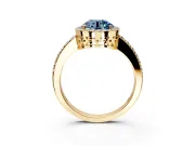 Halo Engagement Ring Setting for Fancy Blue Round Cut Center with Heart-Shaped Openwork, Pave Band and Prong Head in Yellow Gold