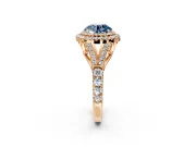 Double Halo Engagement Ring Setting for Fancy Blue Round Cut Center with Narrow Pave Split Shank and Prong Head in Rose Gold