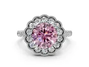 Milgrain Floral Halo Engagement Ring Setting for Fancy Pink Round Cut Center with Pave Band and Prong Head in Platinum