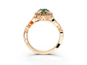 Halo Engagement Ring Setting for Fancy Green Oval Center with Leaf Motif Split Shank and Prong Head in Rose Gold