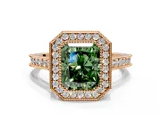Halo Engagement Ring Setting for Fancy Green Radiant Cut Center with Milgrain Pave Band and Bezel Head in Rose Gold