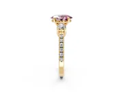 3 Stone Engagement Ring Setting for Fancy Pink Oval Center with Round Cut Side Accents and Prong Head in Yellow Gold