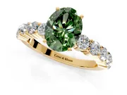 Shared-Prong Engagement Ring Setting for Fancy Green Oval Center with Graduated Accents and Prong Head in Yellow Gold