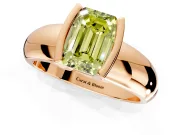 Tension Engagement Ring Setting for Fancy Yellow Emerald Cut Center with Wide Flat Band and Tension Head in Rose Gold
