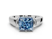 Solitaire Engagement Ring Setting for Fancy Blue Princess Cut Center with Wide Band, Pave Collar and Prong Head in Platinum