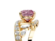 Solitaire Engagement Ring Setting for Fancy Pink Cushion Cut Center with Pave Bypass Twist Band and Prong Head in Yellow Gold