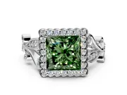 Halo Engagement Ring Setting for Fancy Green Princess Cut Center with Leaf Motif Split Shank and Prong Head in Sterling Silver