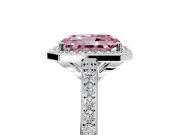 Halo Engagement Ring Setting for Fancy Pink Radiant Cut Center with Pave Accents, Heart Basket and Prong Head in White Gold