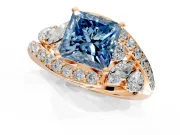 Halo Engagement Ring Setting for Fancy Blue Princess Cut Center with Marquise and Pave Bypass Band and Prong Head in Rose Gold