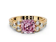 Cluster Engagement Ring Setting for Fancy Pink Cushion Cut Center with Bezel Accent Clusters and Prong Head in Yellow Gold
