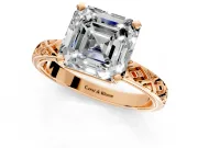 Solitaire Engagement Ring Setting for Asscher Cut Center with Milgrain X Pattern Band and Prong Head in Rose Gold