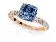 Solitaire Engagement Ring Setting for Fancy Blue Cushion Cut Center with Large Accent Band and Prong Head in Rose Gold